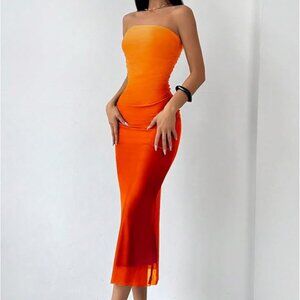 Mesh Strapless Ruched Bodycon Maxi Dress Wedding Guest Cocktail Party Dress
